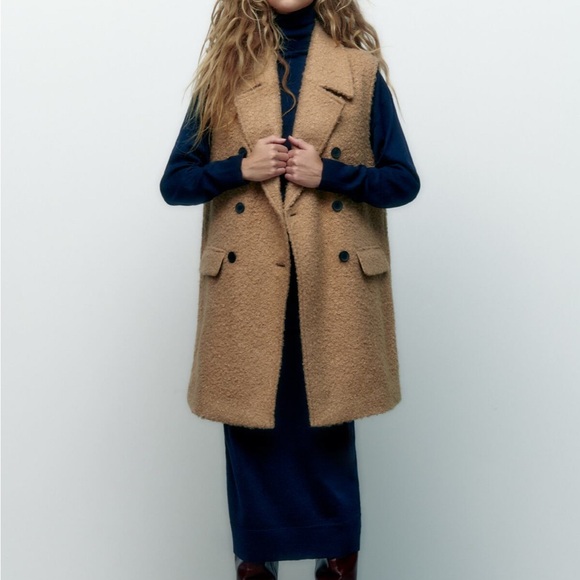 ZARA BOUCLE LONG VEST COAT New with tag - Picture 6 of 8